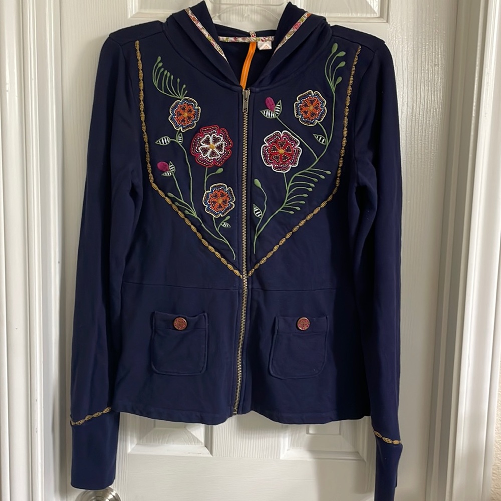 Anthropologie Navy Zip Hoodie with Floral Embroidered Front